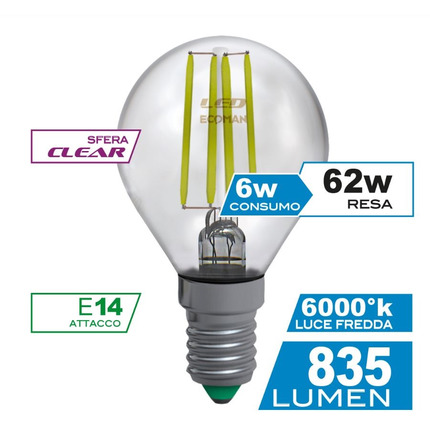 lampadina led sfera e14 6w luce fredda 6000k ecoman vetro trasparente