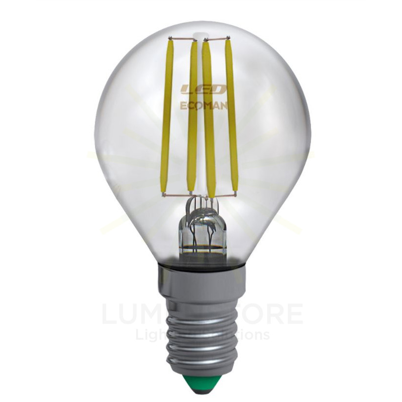 lampadina led sfera e14 6w luce naturale 4000k ecoman vetro trasparente