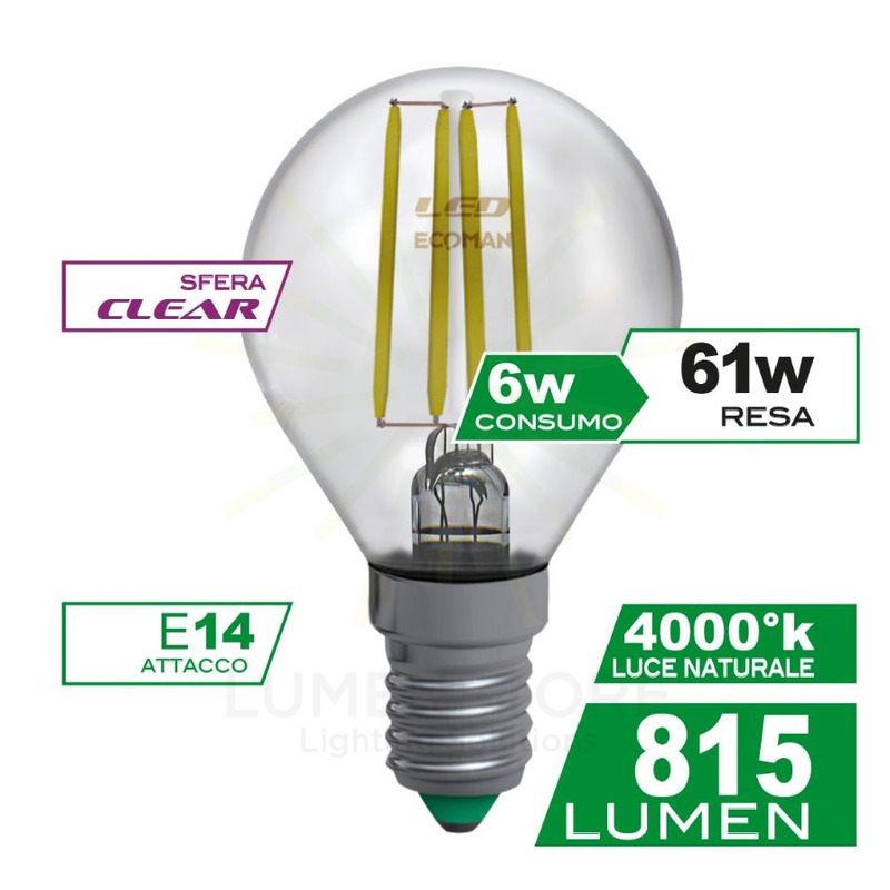 lampadina led sfera e14 6w luce naturale 4000k ecoman vetro trasparente