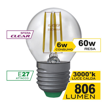 lampadina led sfera e27 6w luce calda 3000k ecoman vetro trasparente