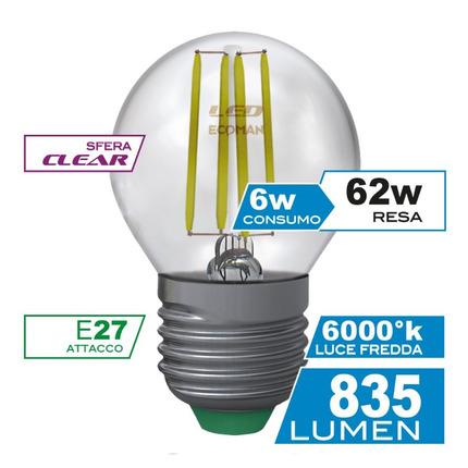 lampadina led sfera e27 6w luce fredda 6000k ecoman vetro trasparente