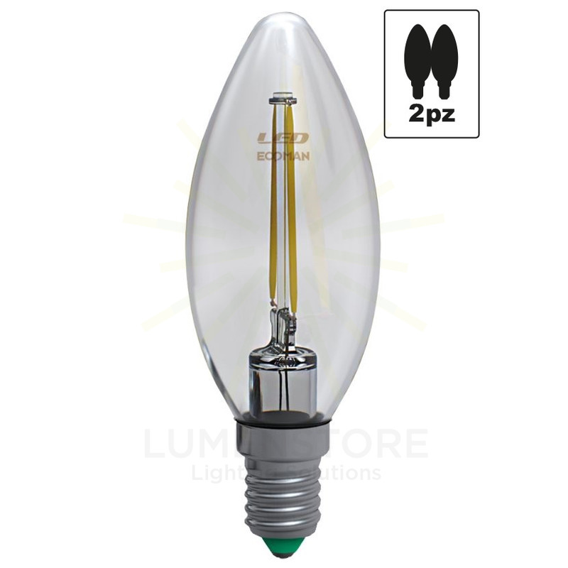 lampadina led candela e14 4w luce fredda 6000k ecoman vetro trasparente confezione 2 pezzi