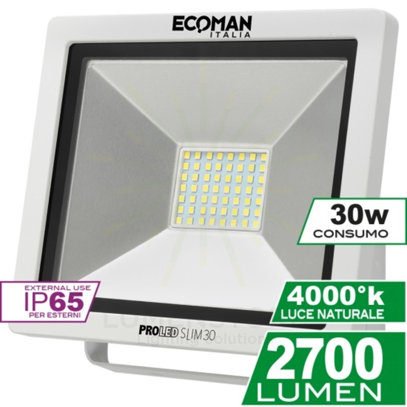 proiettore led proled 30w luce naturale 4000k ecoman bianco ip65 mini slim