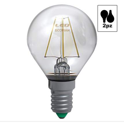 lampadina led sfera e14 4w luce fredda 6000k ecoman vetro trasparente confezione 2 pezzi