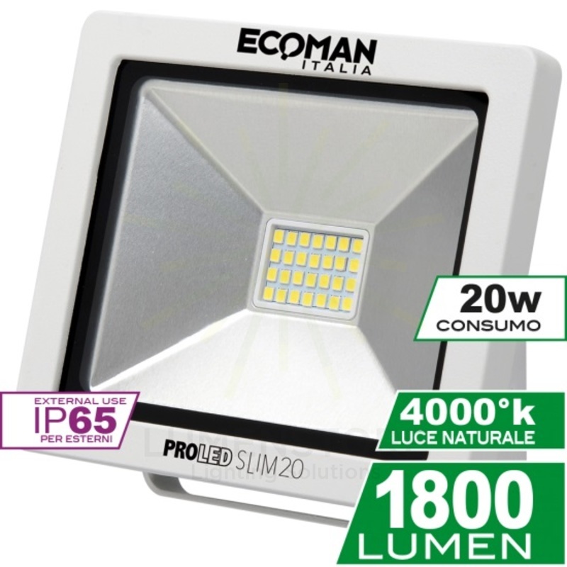 proiettore led proled 20w luce naturale 4000k ecoman bianco ip65 mini slim
