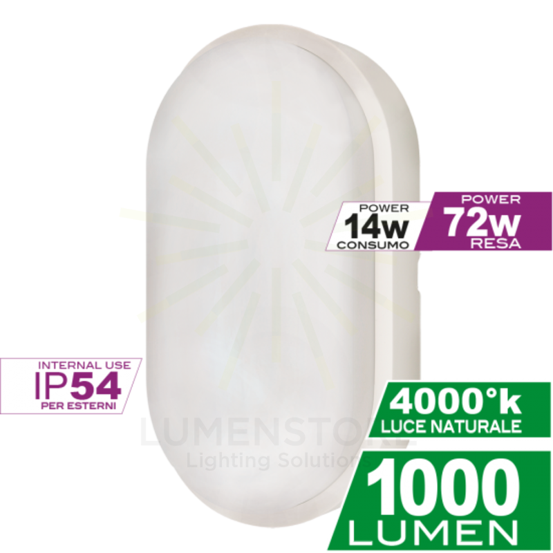 plafoniera led ovale 14w luce naturale 4000k ecoman bianco ip54 