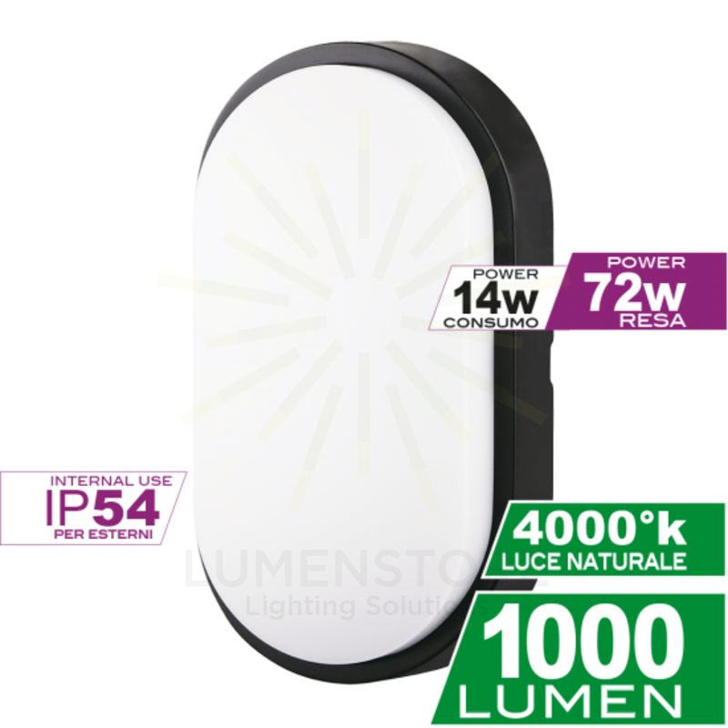 plafoniera led ovale 14w luce naturale 4000k ecoman nero ip54 