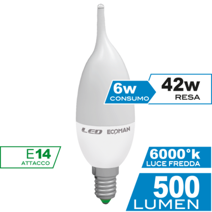 lampadina led colpo di vento e14 6w luce fredda 6000k ecoman vetro ghiaccio