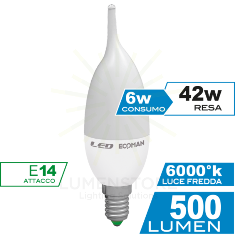 lampadina led colpo di vento e14 6w luce fredda 6000k ecoman vetro ghiaccio