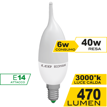 lampadina led colpo di vento e14 6w luce calda 3000k ecoman vetro ghiaccio