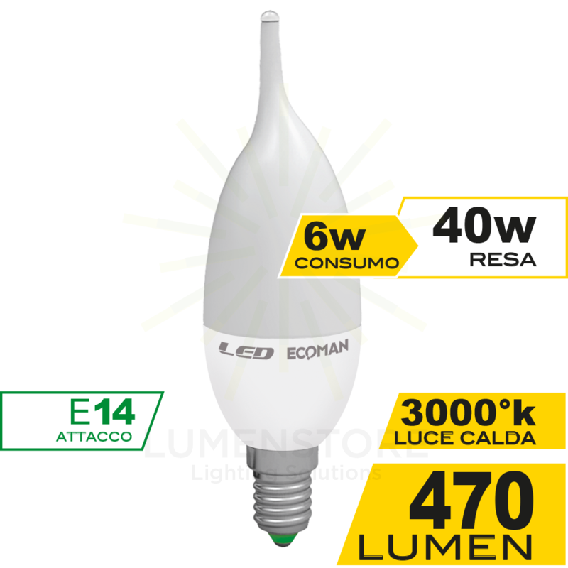 lampadina led colpo di vento e14 6w luce calda 3000k ecoman vetro ghiaccio