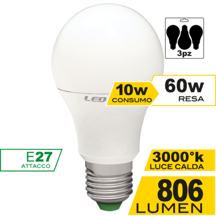 lampadina led goccia e27 10w luce calda 3000k ecoman vetro ghiaccio confezione 3 pezzi