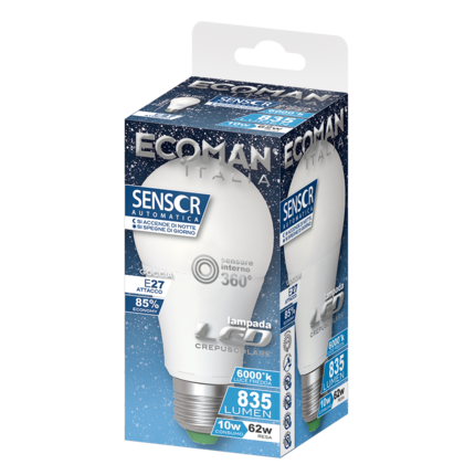 lampadina led goccia e27 10w luce fredda 6000k ecoman vetro ghiaccio sensor360