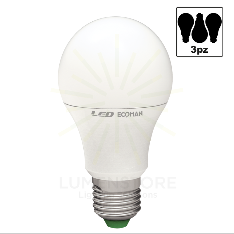 lampadina led goccia e27 10w luce calda 3000k ecoman vetro ghiaccio confezione 3 pezzi