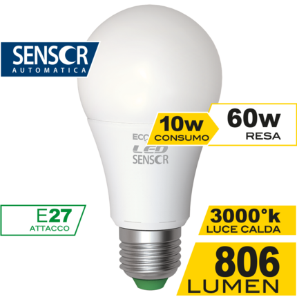 lampadina led goccia e27 10w luce calda 3000k ecoman vetro ghiaccio sensor360