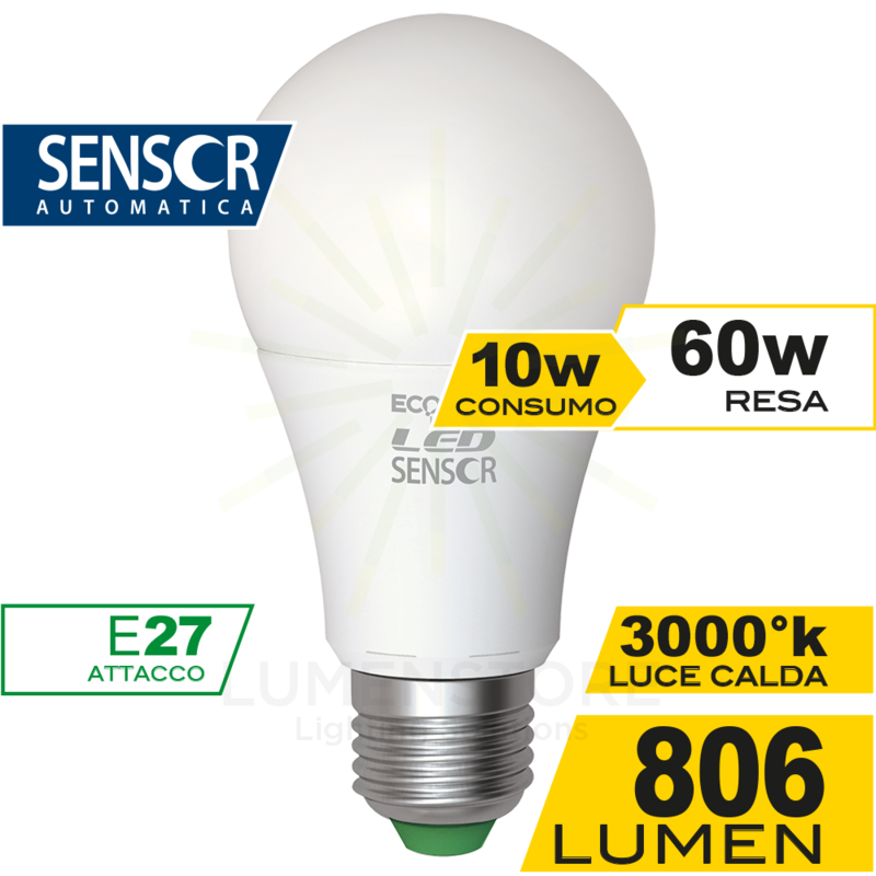 lampadina led goccia e27 10w luce calda 3000k ecoman vetro ghiaccio sensor360