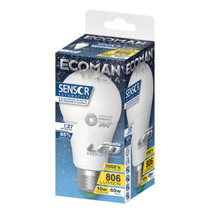 lampadina led goccia e27 10w luce calda 3000k ecoman vetro ghiaccio sensor360