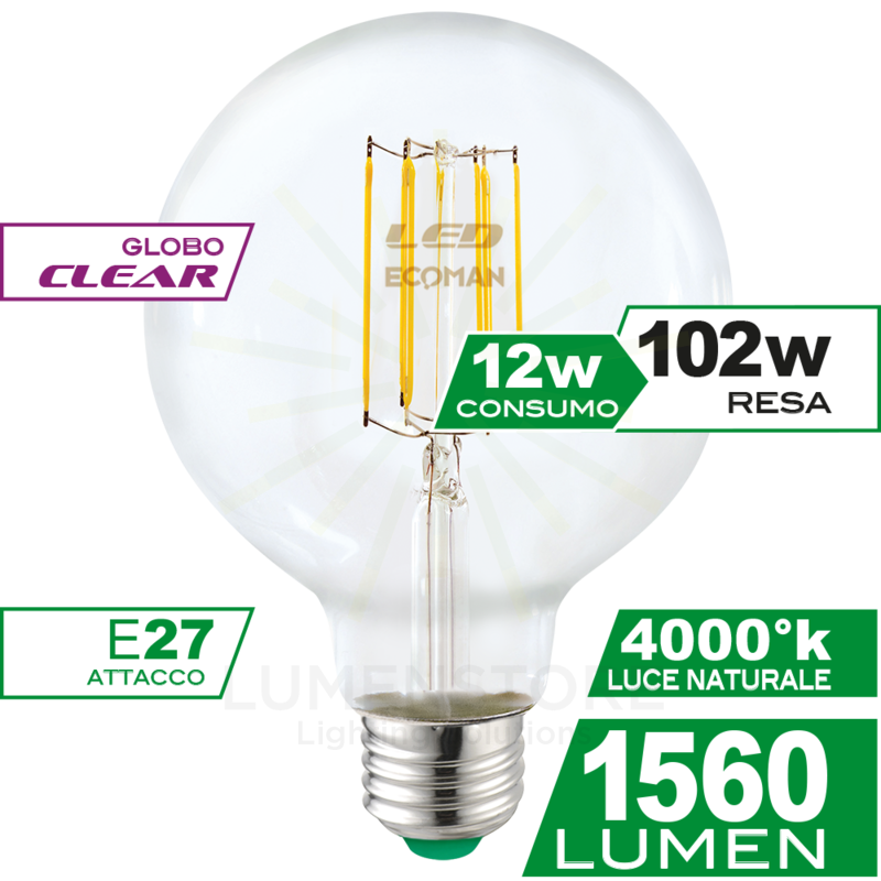 Lampadina LED Globo G95 E27 12W luce naturale 4000K ECOMAN vetro  trasparente