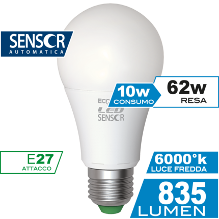 lampadina led goccia e27 10w luce fredda 6000k ecoman vetro ghiaccio sensor360