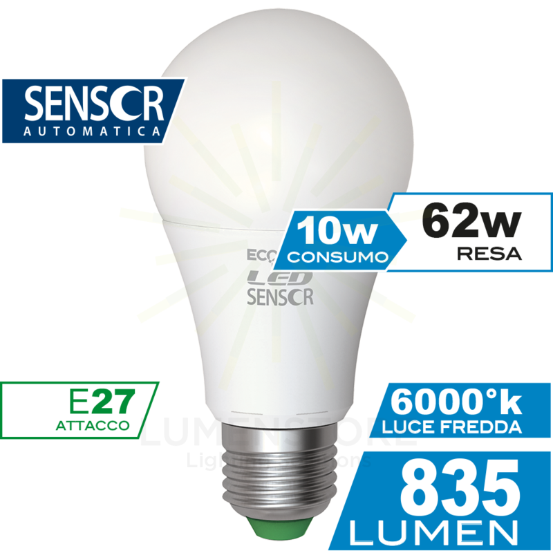 lampadina led goccia e27 10w luce fredda 6000k ecoman vetro ghiaccio sensor360