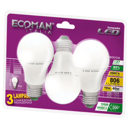 lampadina led goccia e27 10w luce calda 3000k ecoman vetro ghiaccio confezione 3 pezzi