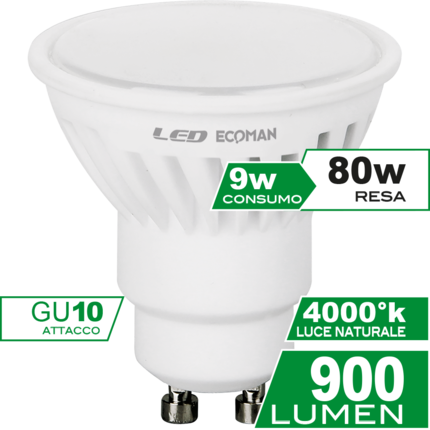 lampadina led dicroica gu10 9w luce naturale 4000k ecoman vetro ghiaccio