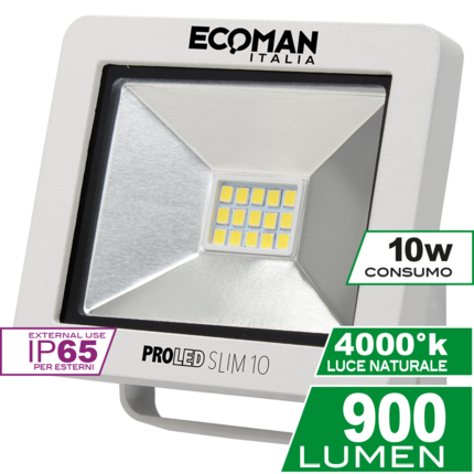 proiettore led proled 10w luce naturale 4000k ecoman bianco ip65 mini slim