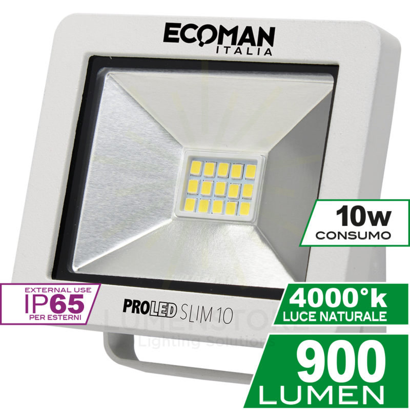 proiettore led proled 10w luce naturale 4000k ecoman bianco ip65 mini slim