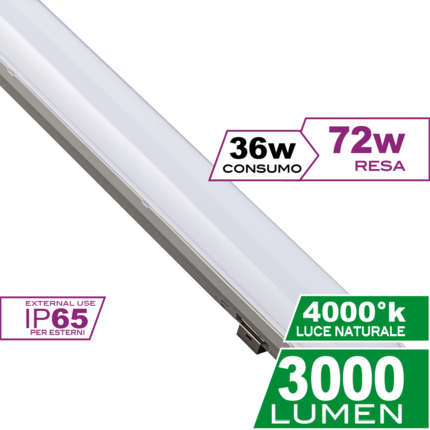 reglette led linea120 36w luce naturale 4000k ecoman ip65