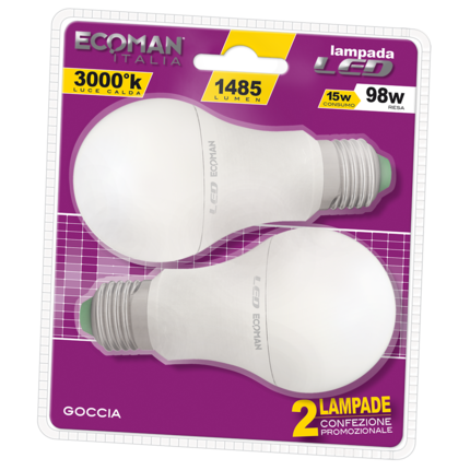 lampadina led goccia e27 15w luce calda 3000k ecoman vetro ghiaccio confezione 2 pezzi