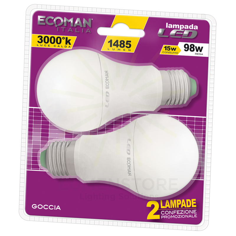 lampadina led goccia e27 15w luce calda 3000k ecoman vetro ghiaccio confezione 2 pezzi