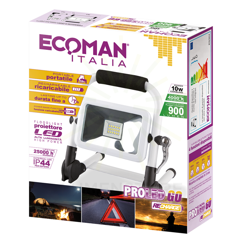 proiettore led proled go 10w luce naturale 4000k ecoman bianco ip44 ricaricabile portatile