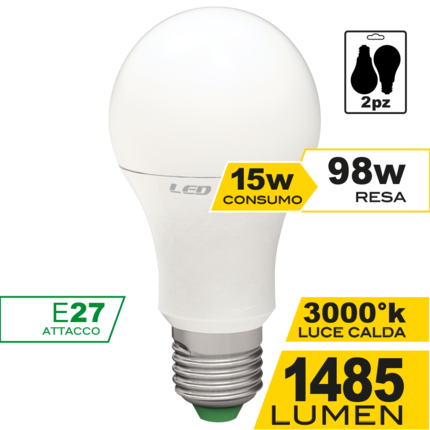 lampadina led goccia e27 15w luce calda 3000k ecoman vetro ghiaccio confezione 2 pezzi