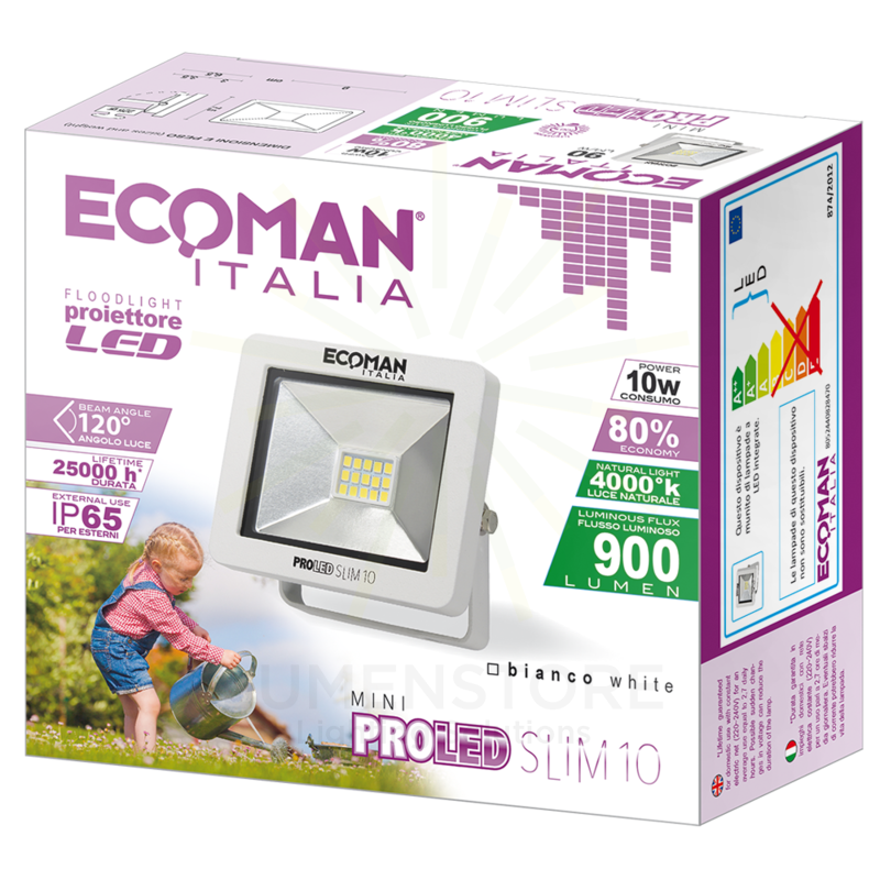 proiettore led proled 10w luce naturale 4000k ecoman bianco ip65 mini slim