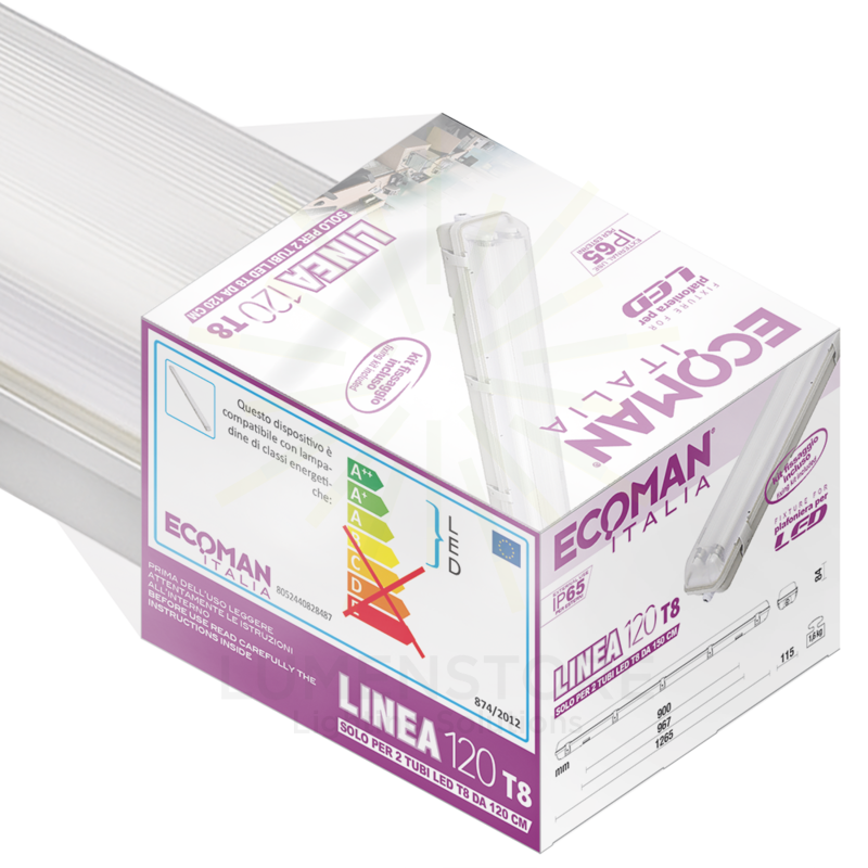 reglette led linea120 ecoman ip65 per tubi led 2xt8 da 120cm