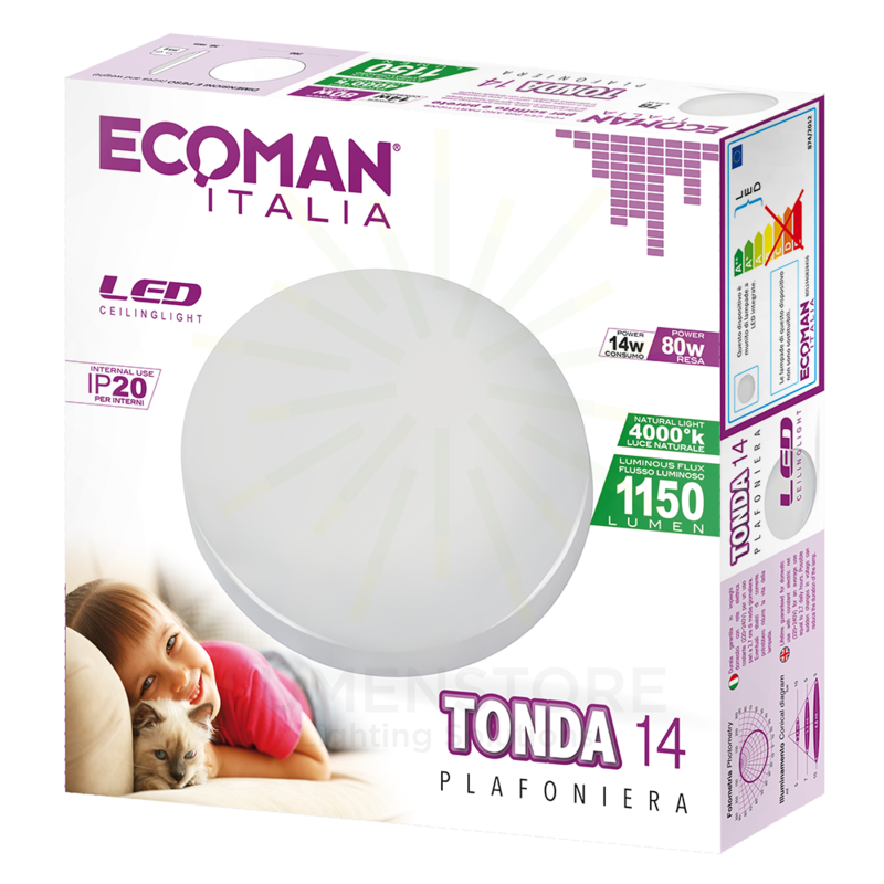 plafoniera led tonda 14w luce naturale 4000k ecoman