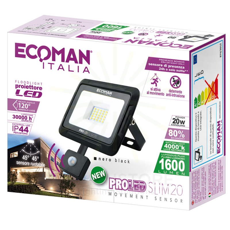 proiettore led proled 20w luce naturale 4000k ecoman nero ip44 slim sensor