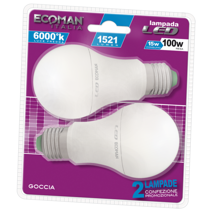 lampadina led goccia e27 15w luce fredda 6000k ecoman vetro ghiaccio confezione 2 pezzi