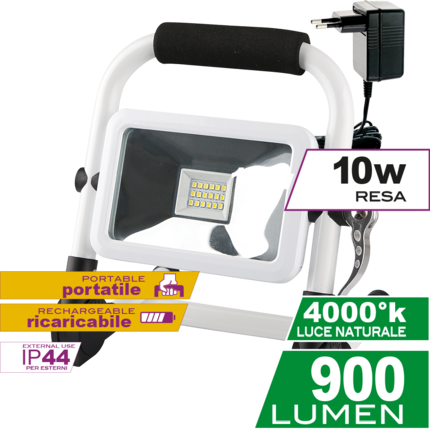 proiettore led proled go 10w luce naturale 4000k ecoman bianco ip44 ricaricabile portatile