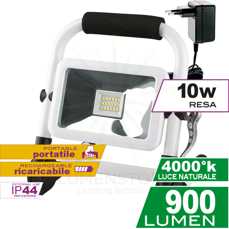 proiettore led proled go 10w luce naturale 4000k ecoman bianco ip44 ricaricabile portatile