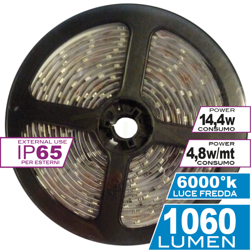 striscia led 14.4w luce fredda 6000k ecoman ip65 3m
