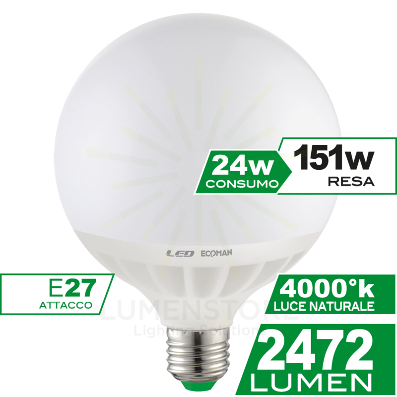 lampadina led globo g120 e27 24w luce naturale 4000k ecoman vetro ghiaccio