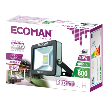 proiettore led proled 10w luce naturale 4000k ecoman nero ip65 slim