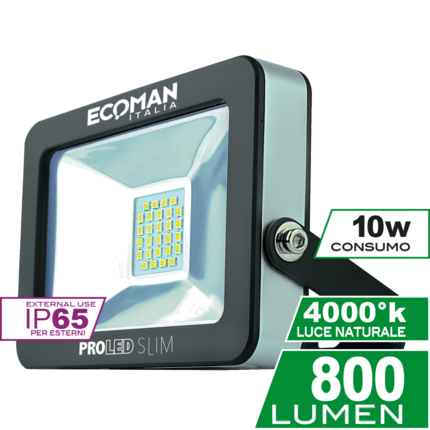 proiettore led proled 10w luce naturale 4000k ecoman nero ip65 slim