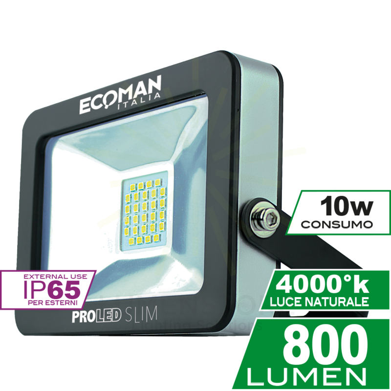 proiettore led proled 10w luce naturale 4000k ecoman nero ip65 slim