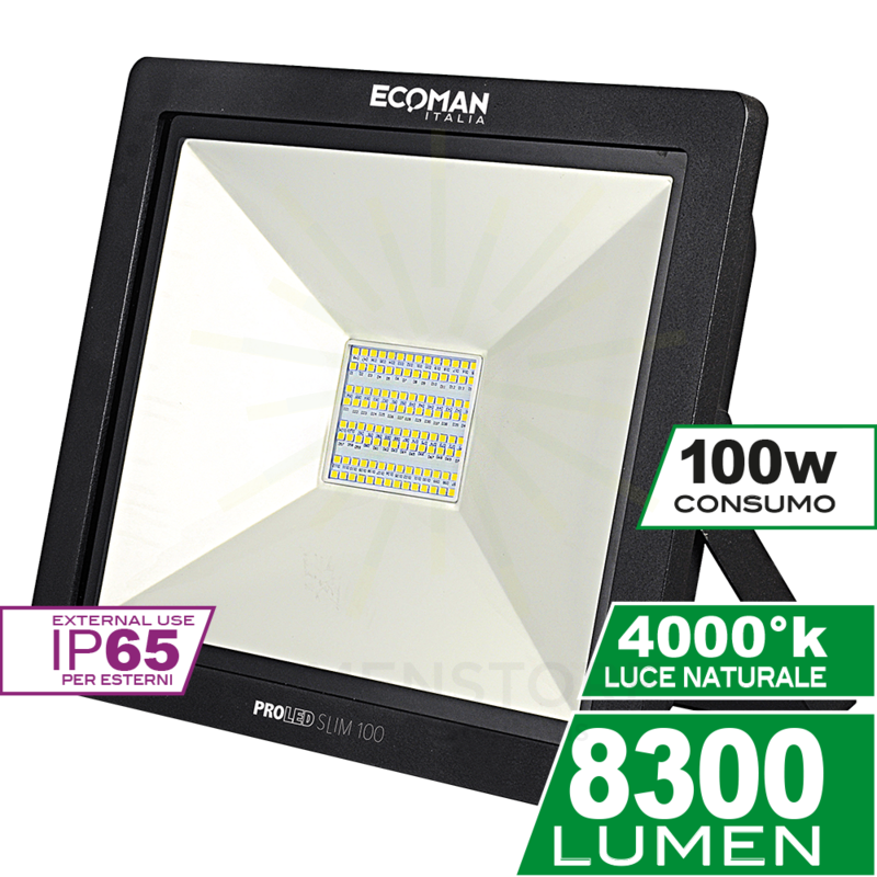 proiettore led proled 100w luce naturale 4000k ecoman nero ip65 mini slim