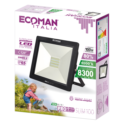 proiettore led proled 100w luce naturale 4000k ecoman nero ip65 mini slim