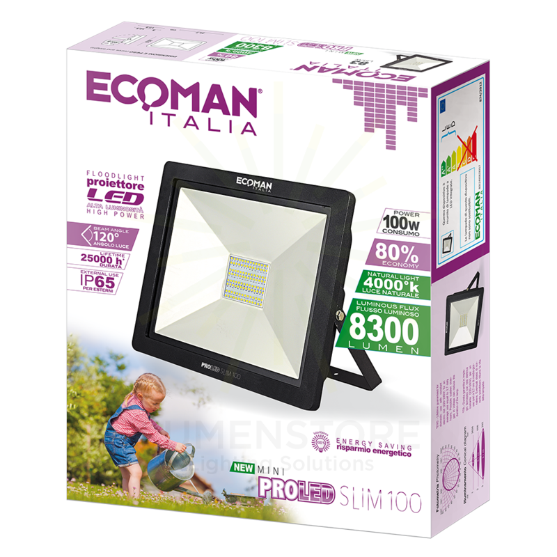 proiettore led proled 100w luce naturale 4000k ecoman nero ip65 mini slim