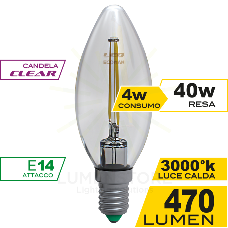 lampadina led candela e14 4w luce calda 3000k ecoman vetro trasparente