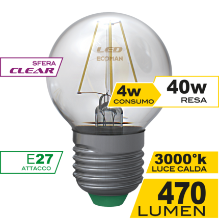 lampadina led sfera e27 4w luce calda 3000k ecoman vetro trasparente